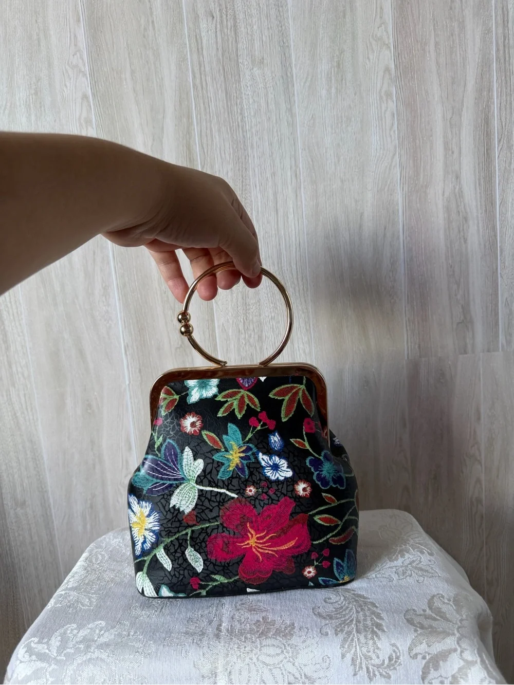 Black Floral Ring-Handle Evening Bag